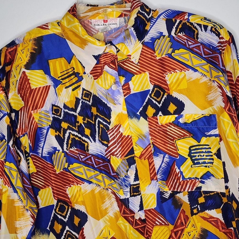 Stunt Collections Blouse Women M Shirt 100% Silk Button Up Vintage Shoulder Pads